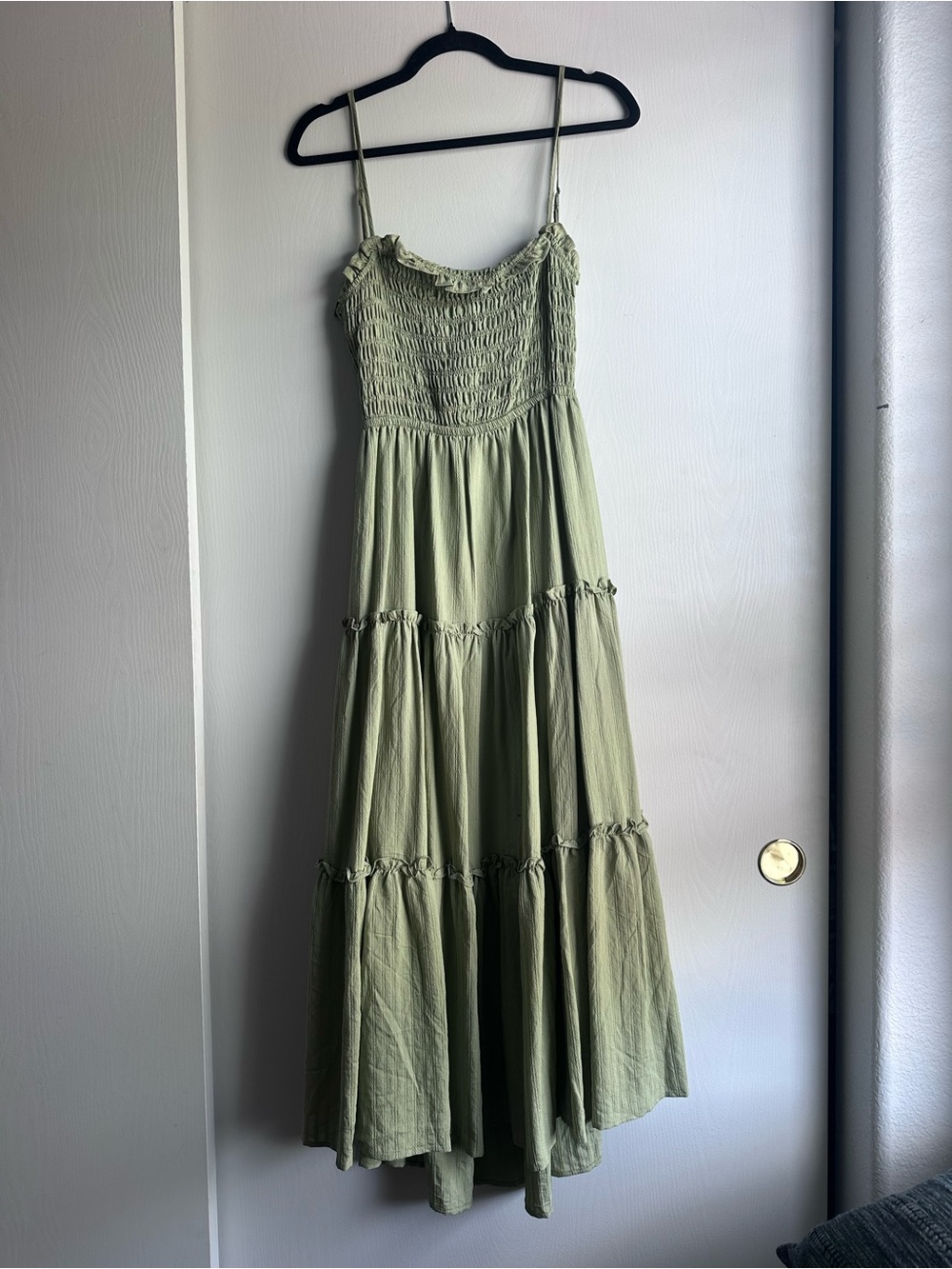 Blu Pepper Olive Green Tiered Maxi Dress with Smocked Bodice Worn Once